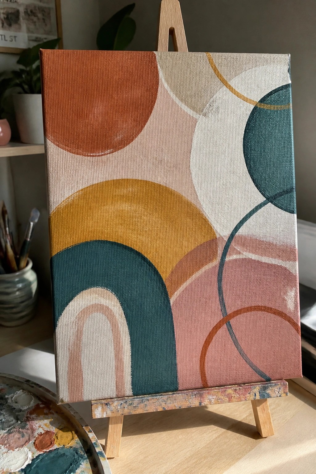 Abstract geometric painting with colorful circles and arches on wooden easel beside palette