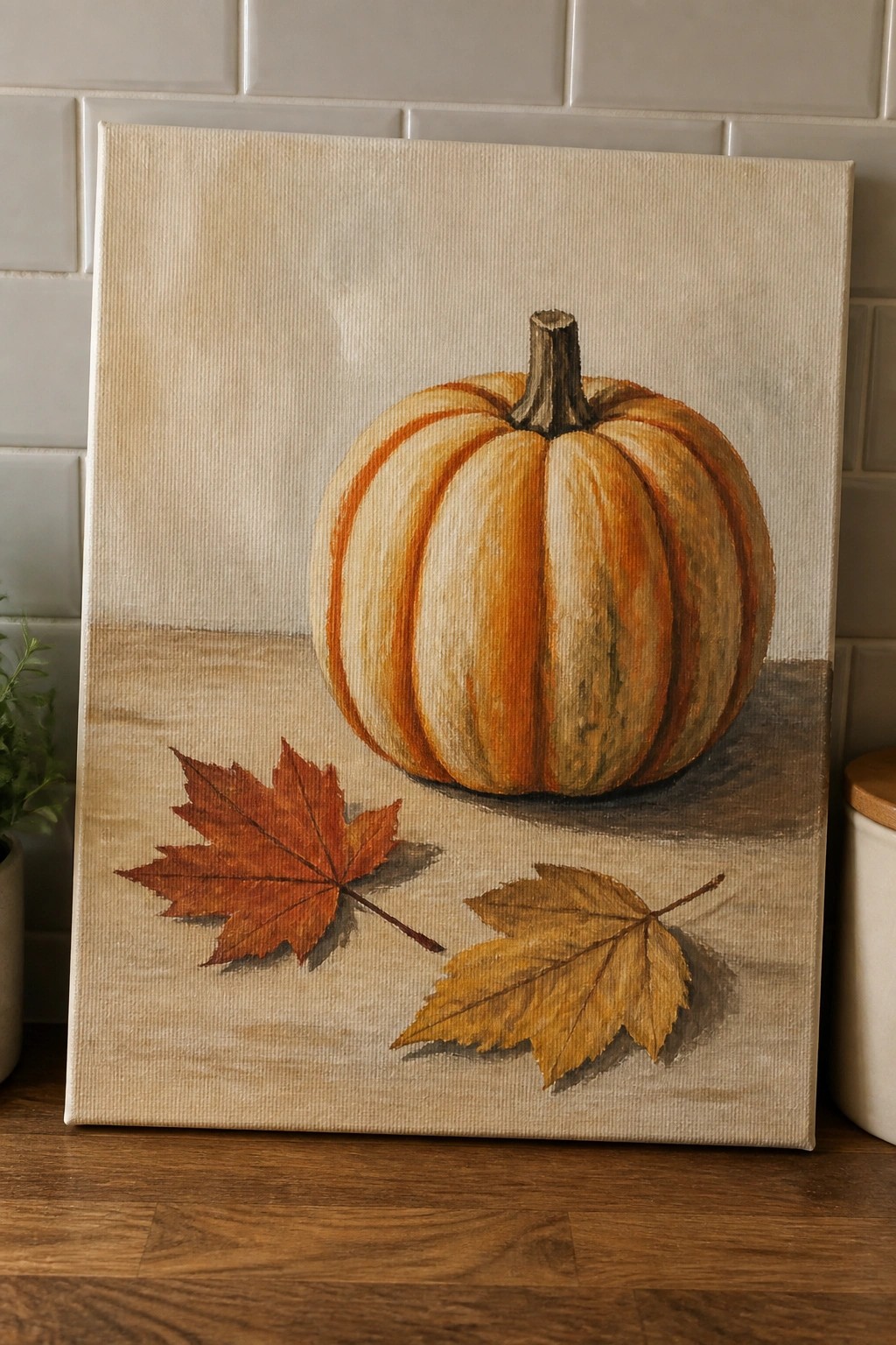 Still life painting of orange pumpkin with red and yellow autumn leaves on canvas