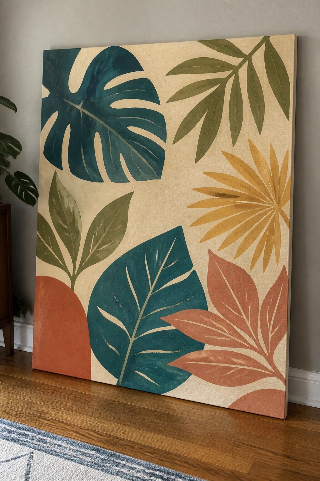 Large canvas with colorful tropical leaves in teal, green, and orange hues.