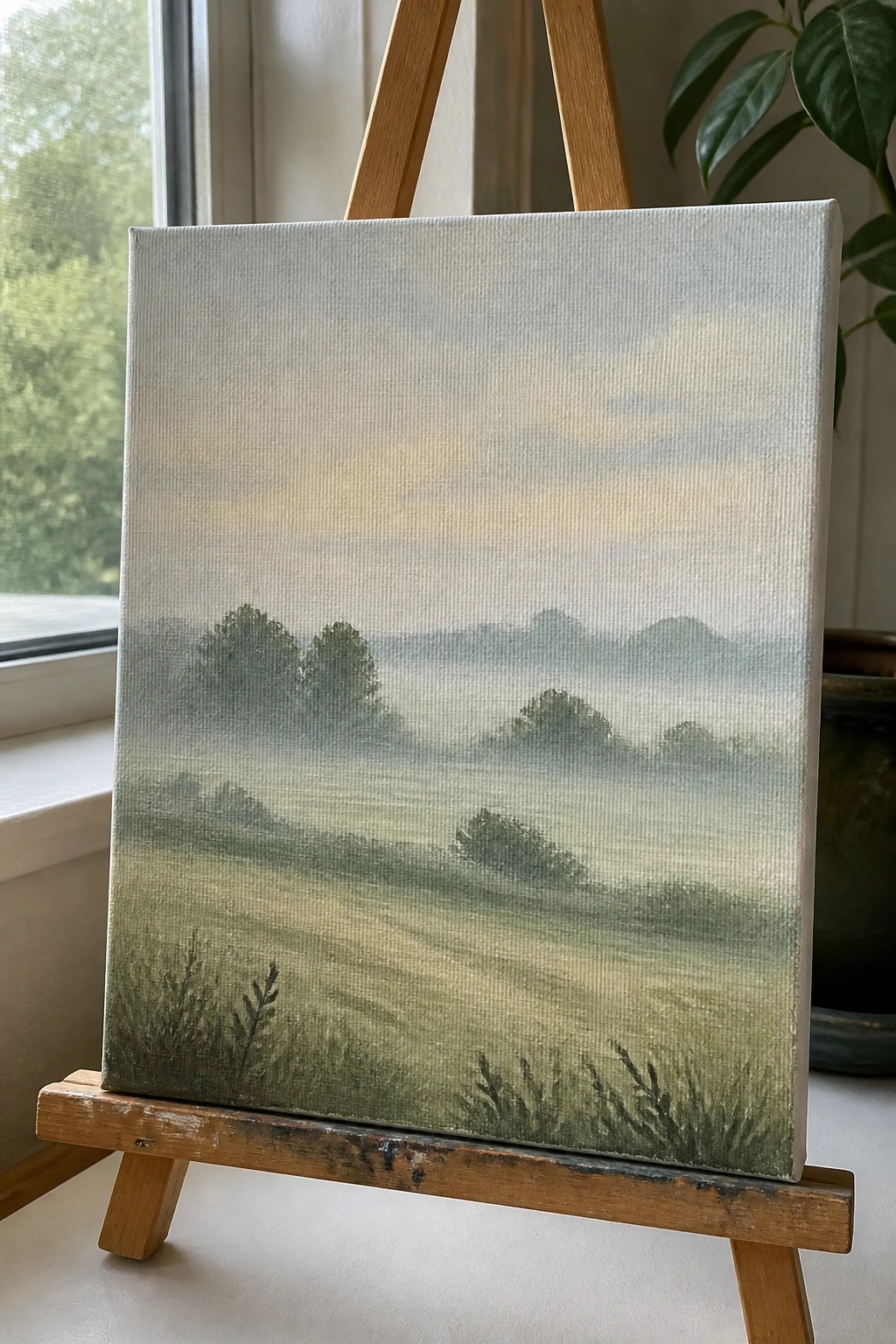 Misty green landscape painting on wooden easel with trees and hills