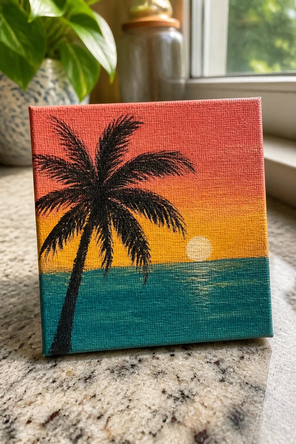 Small square canvas with black palm tree silhouette against orange sunset over teal sea.
