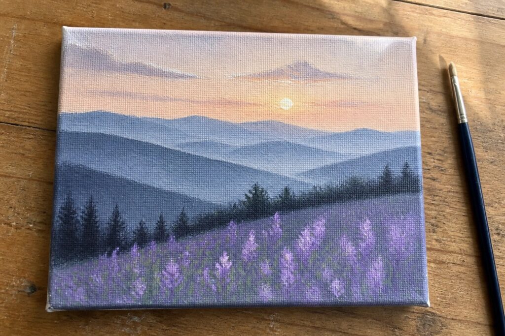Layered blue mountains at sunset with pine trees and purple field on canvas beside paintbrush.