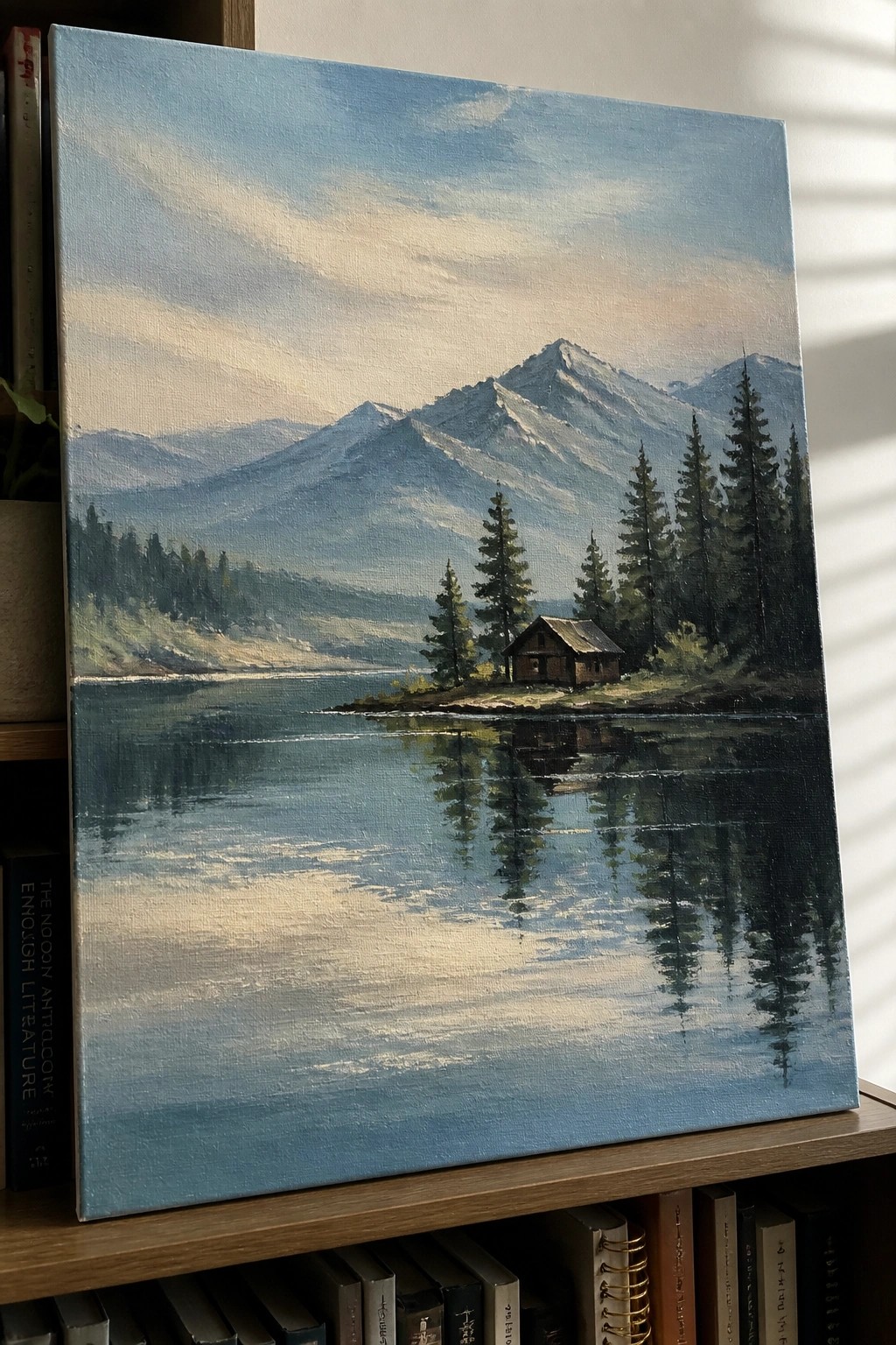 Landscape painting of snow-capped mountains reflected in a calm lake beside a wooden cabin.