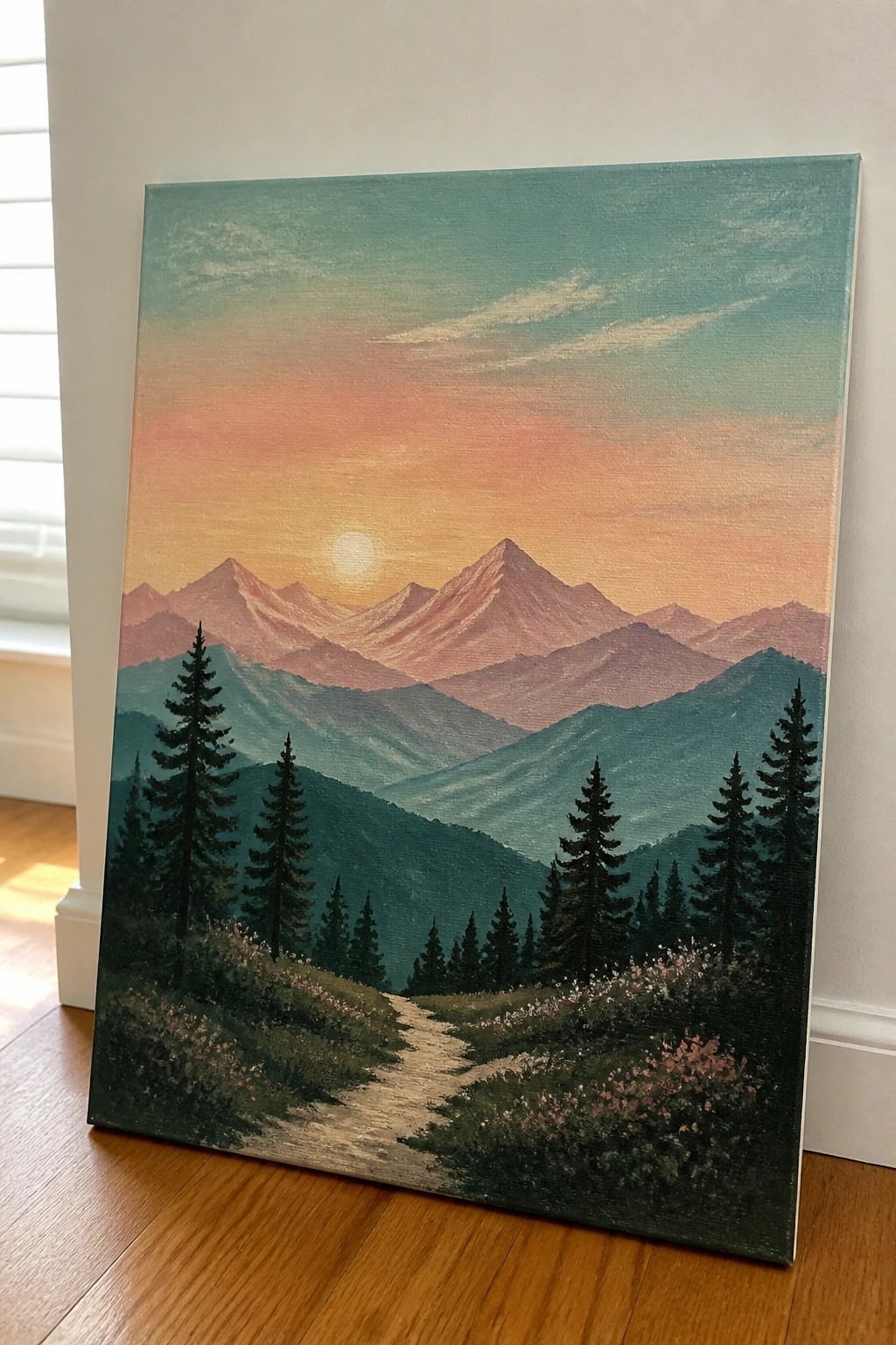 Mountain landscape painting at sunset with pine trees and winding path