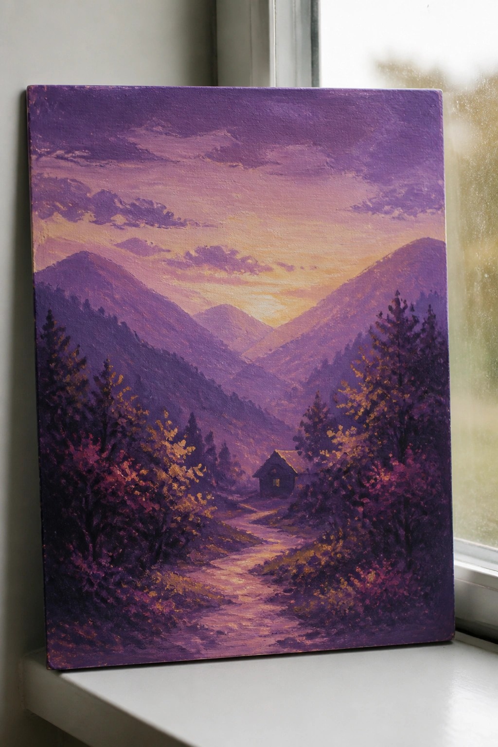 Landscape painting in purple hues showing mountains, cabin, path, and sunset sky.