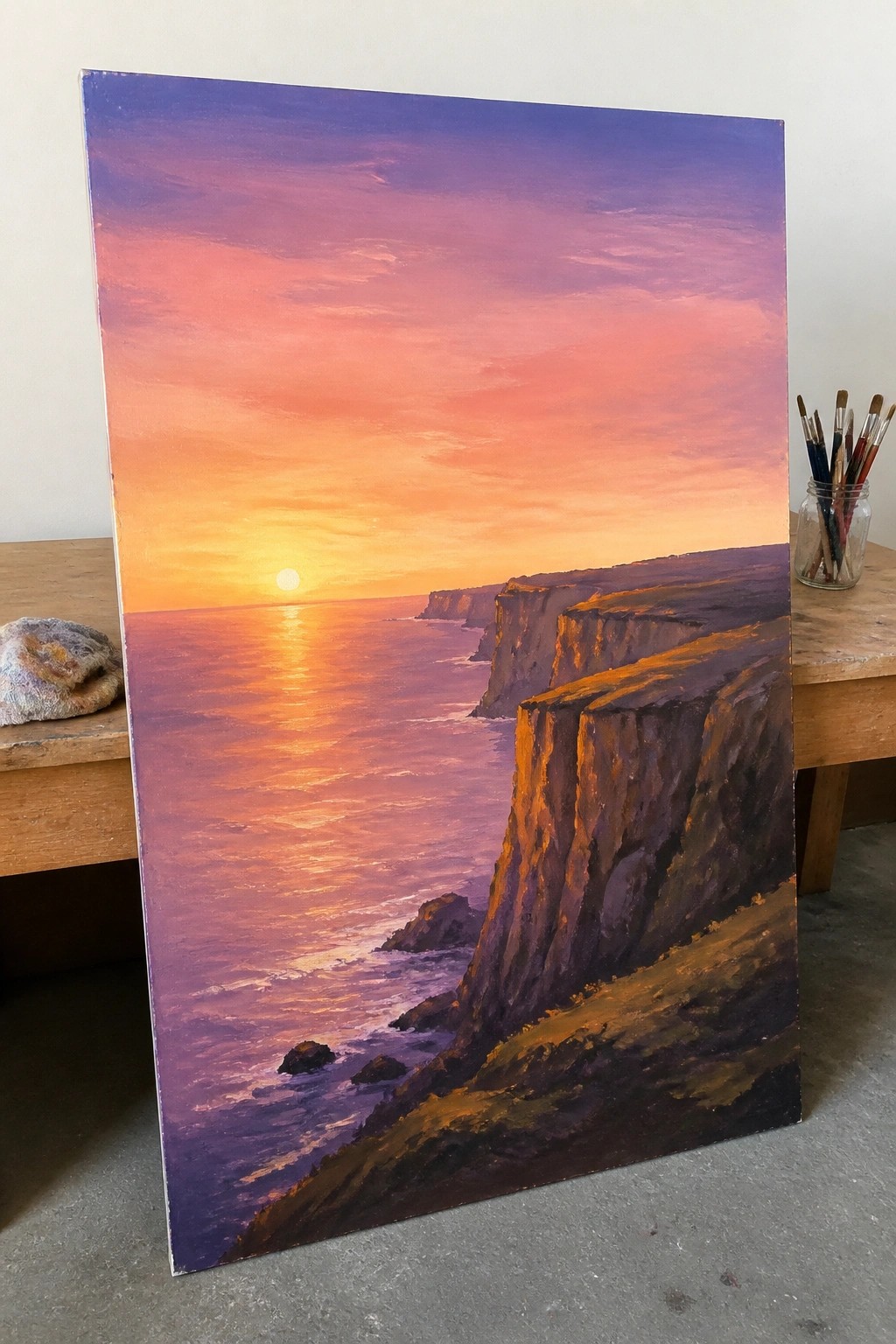 Vibrant sunset painting over ocean with cliffs beside paintbrushes in studio jar