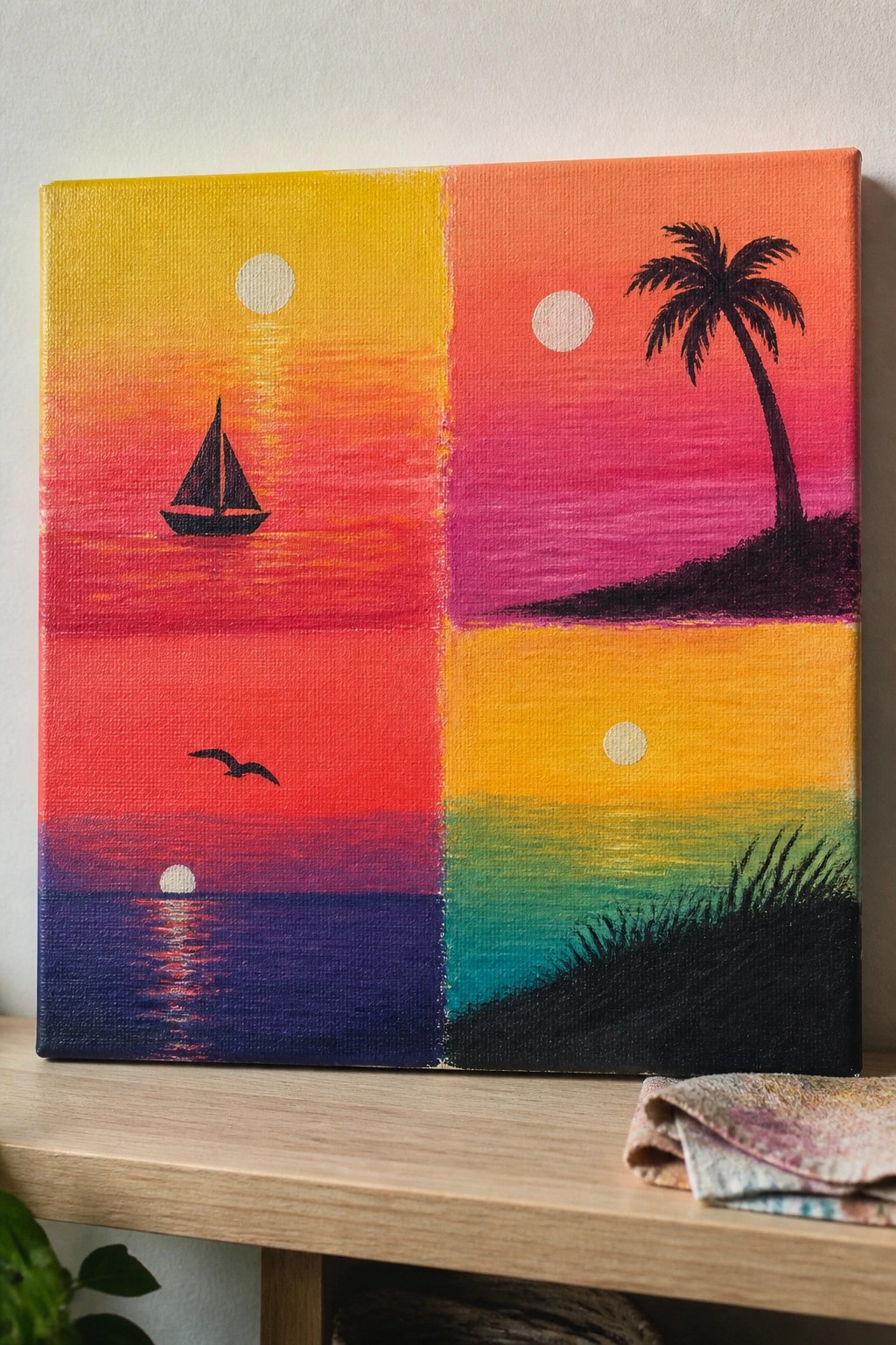 Vibrant four-quadrant canvas painting of tropical sunsets with sailboat, palm tree, and bird.