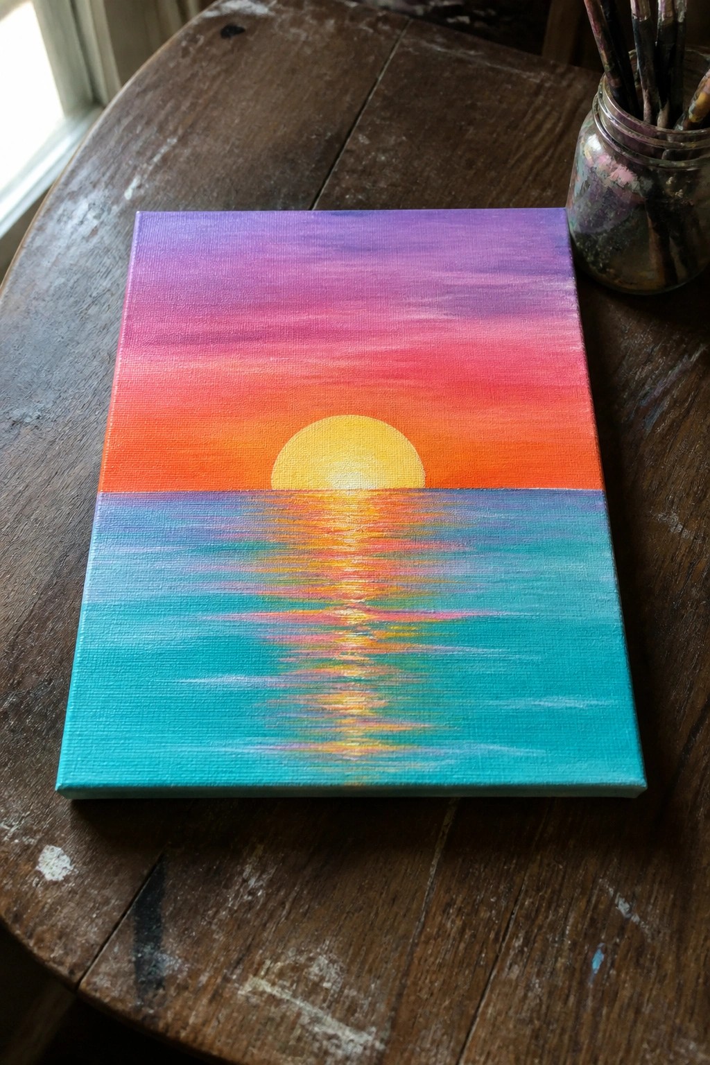 Vibrant sunset painting on canvas atop wooden table beside jar of brushes.