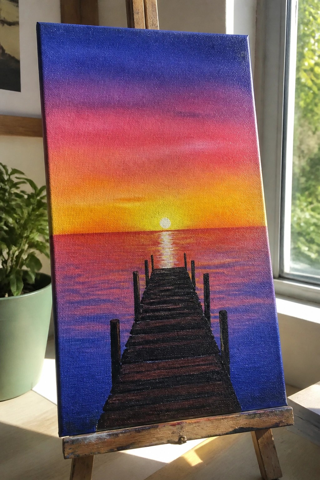Vibrant sunset painting on easel shows gradient sky and silhouetted wooden pier over water.