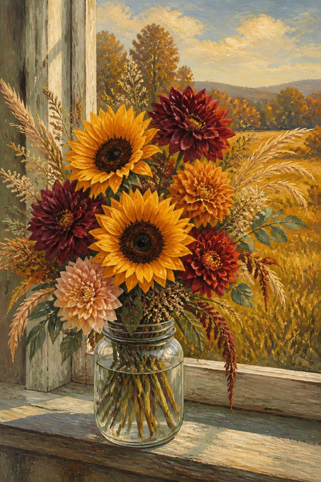 Sunflowers and dahlias in glass jar on wooden windowsill with autumn landscape.