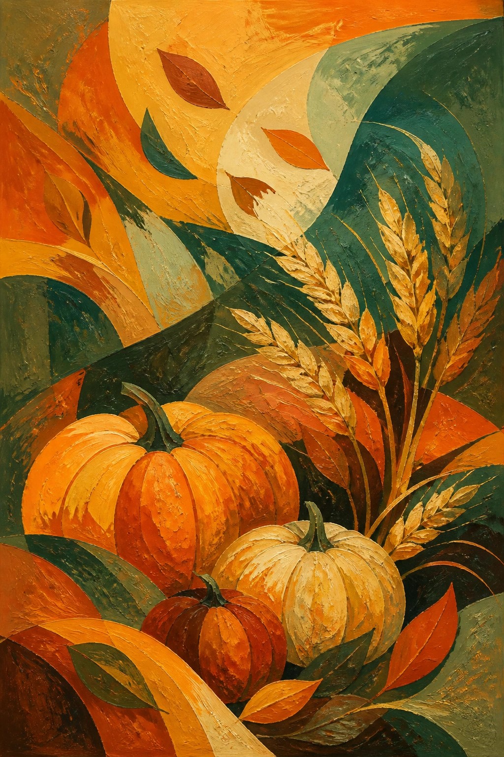 Vibrant abstract painting of pumpkins, golden wheat, and swirling autumn leaves