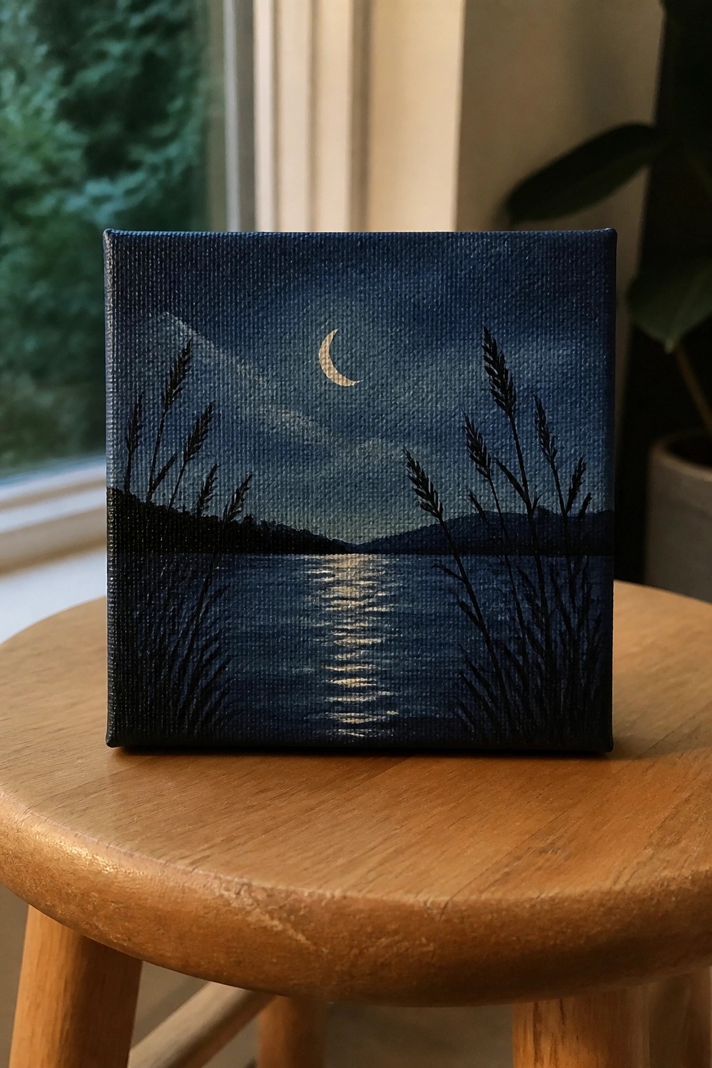 Small canvas painting of crescent moon over lake with silhouetted reeds on wooden stool.
