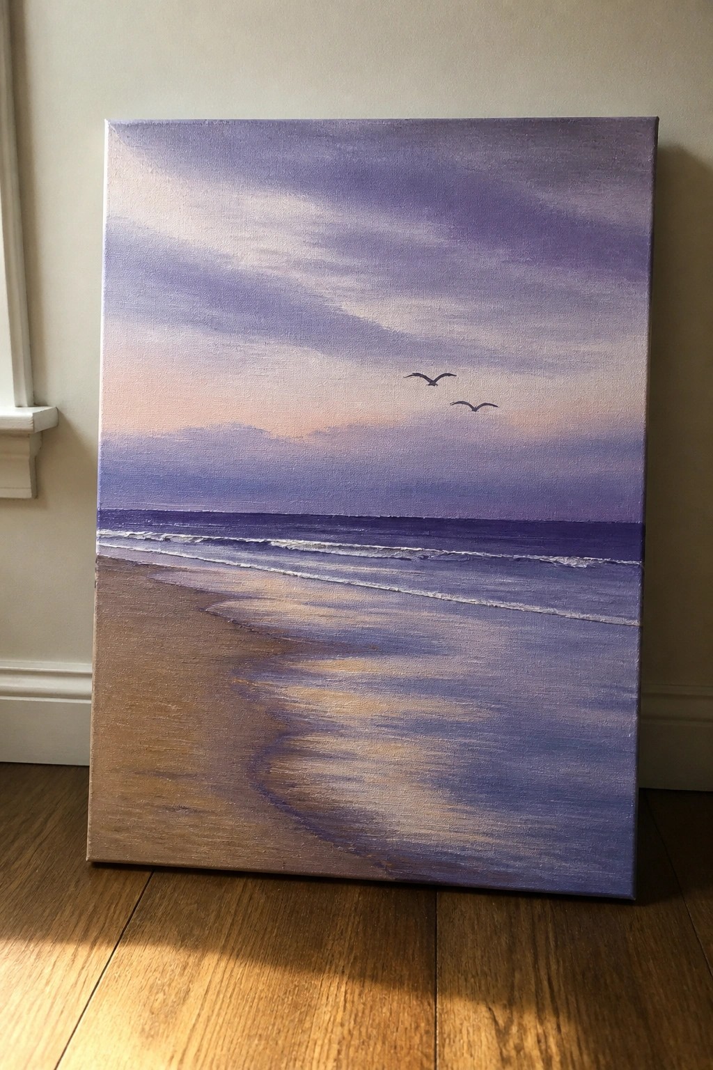 Purple beach sunset painting with waves, sandy shore reflections, and two flying birds