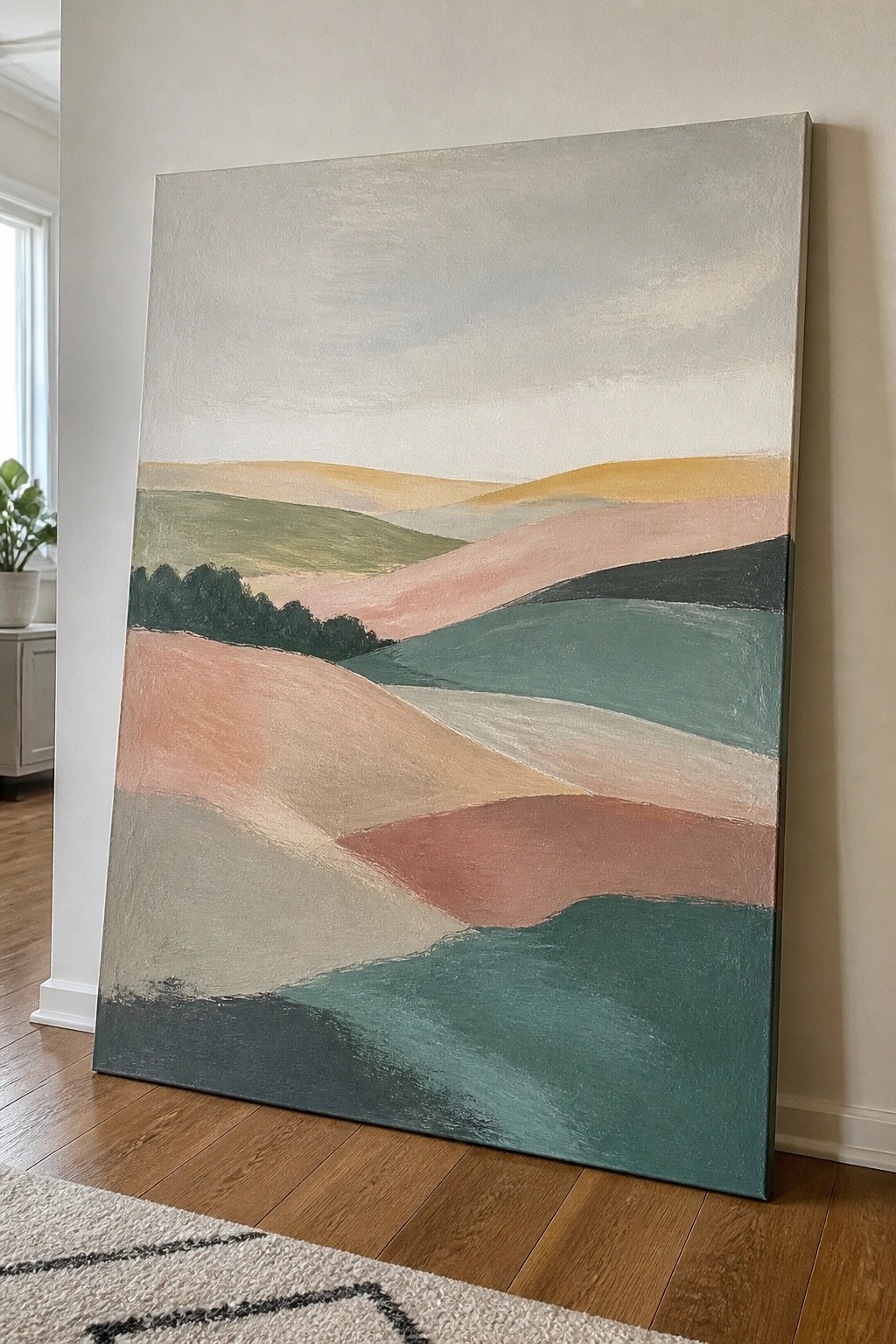 Large abstract painting of colorful rolling hills leaning against a wall