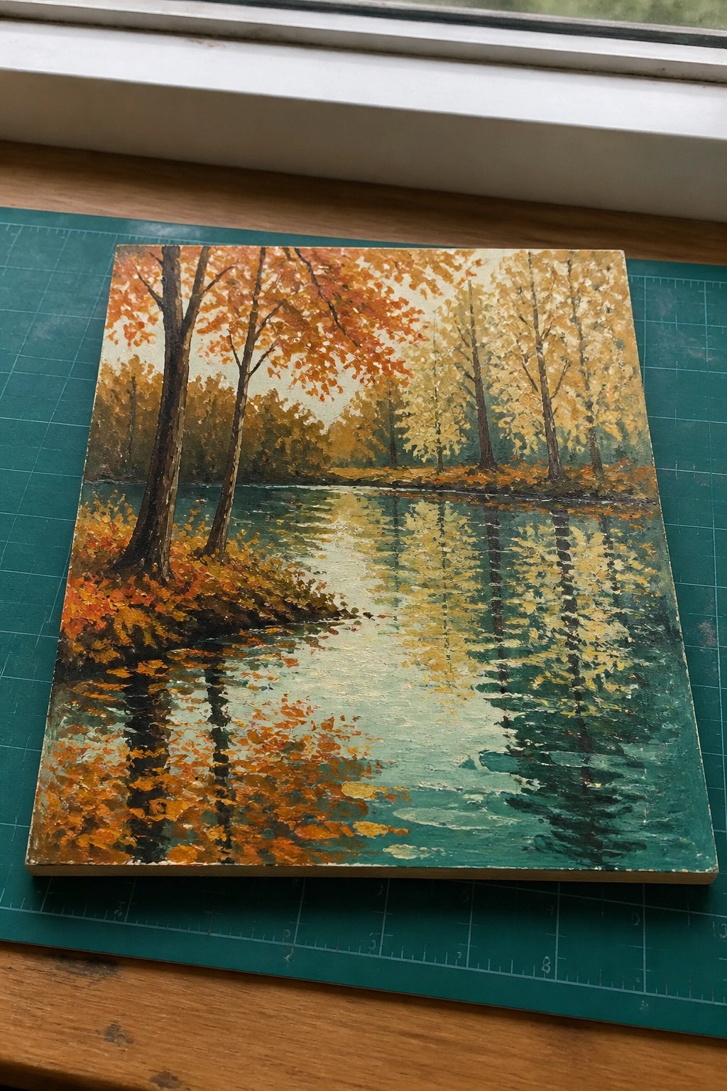 Autumn painting of orange trees reflected in calm lake on green cutting mat