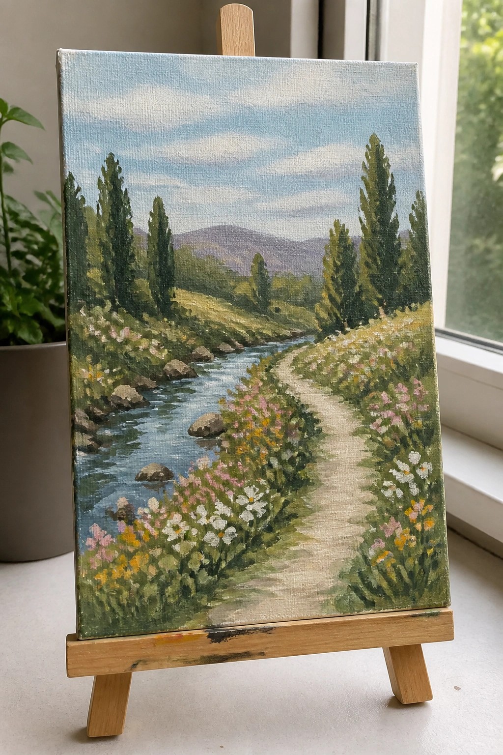 Colorful landscape painting on easel with river, path, wildflowers, trees and mountains.
