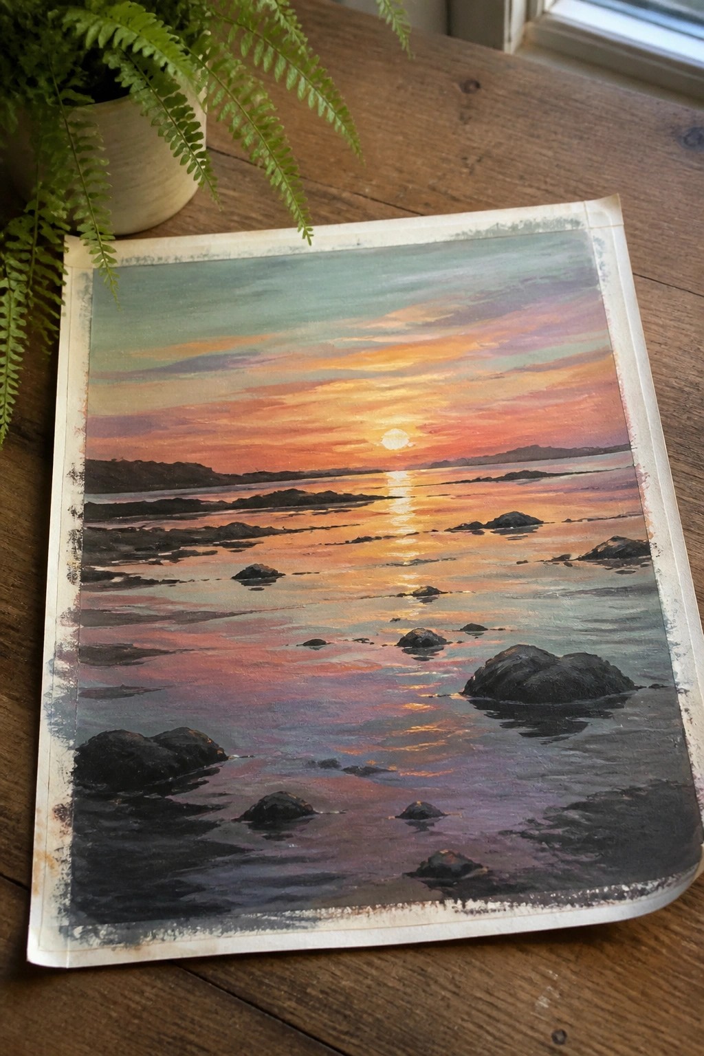 Vibrant sunset ocean painting with rocks beside potted fern on wooden table.