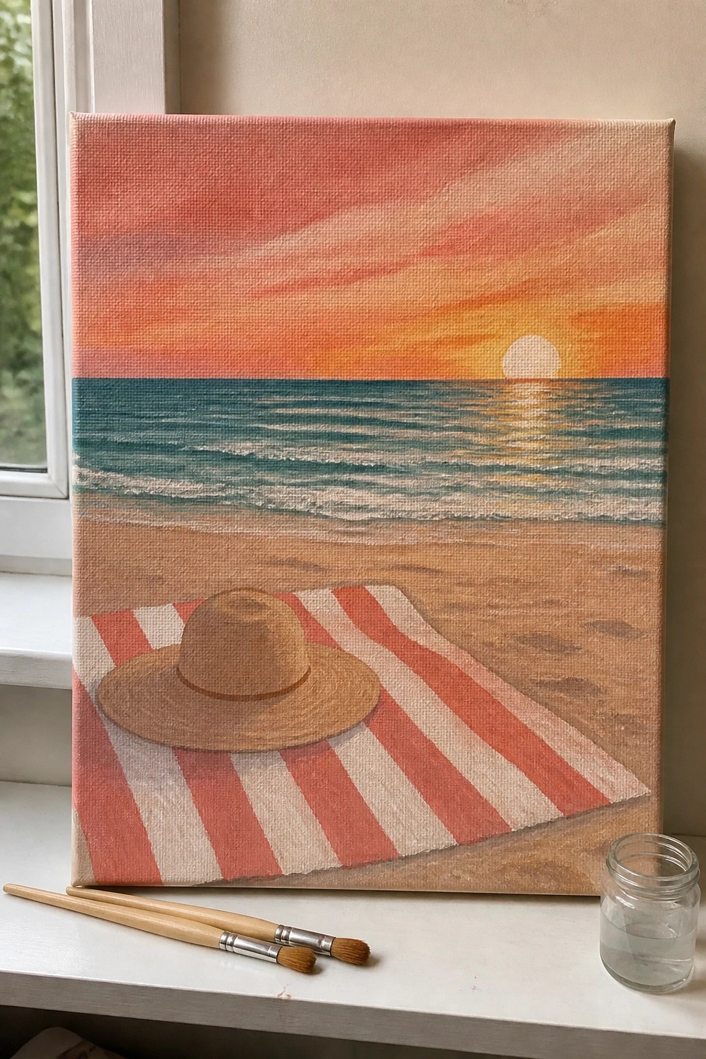 Canvas painting of sunset beach with straw hat on red striped towel beside brushes and jar.