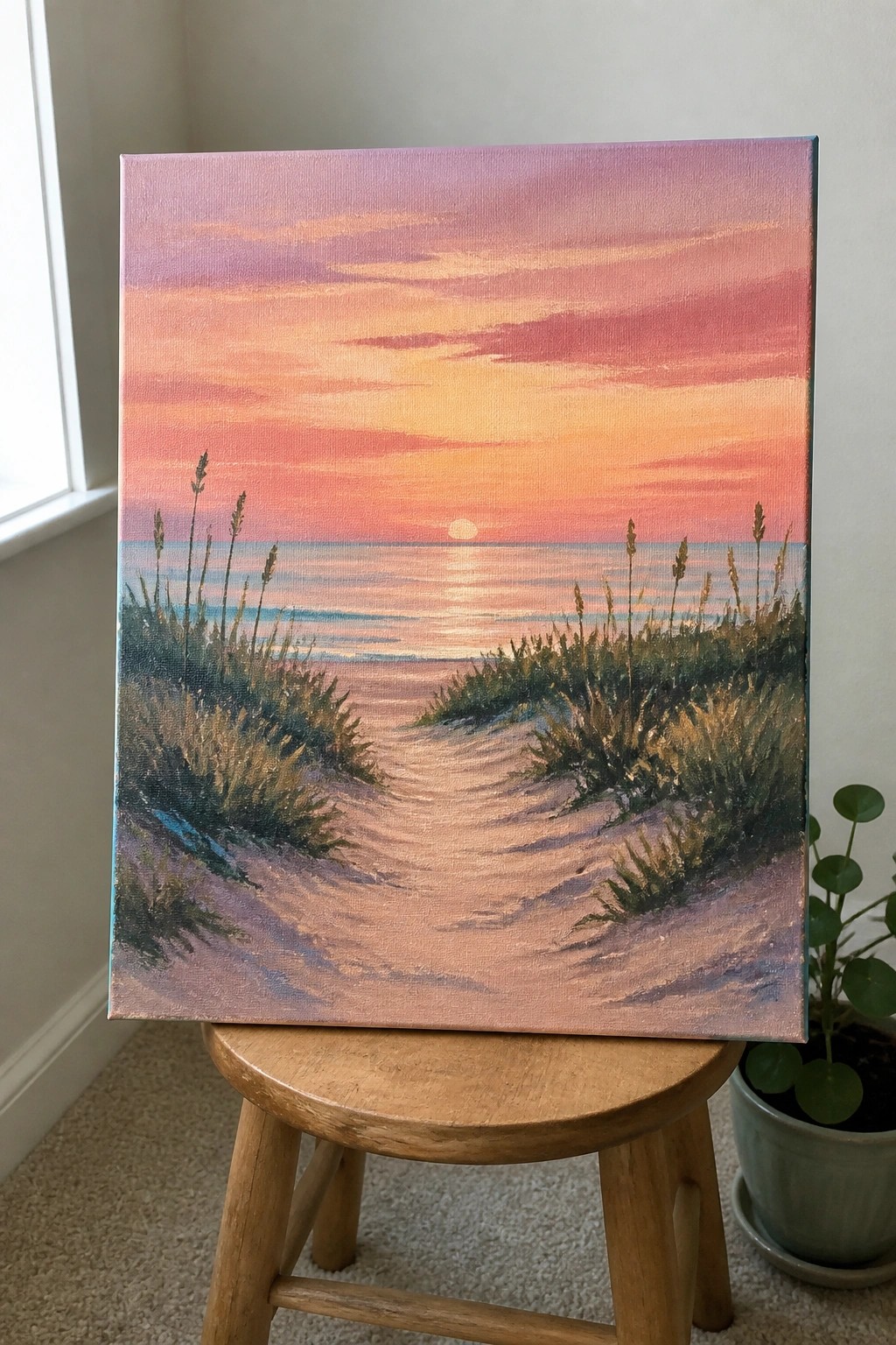 Acrylic painting of a sunset over the ocean viewed down a sandy path between grassy dunes, displayed on a wooden stool.