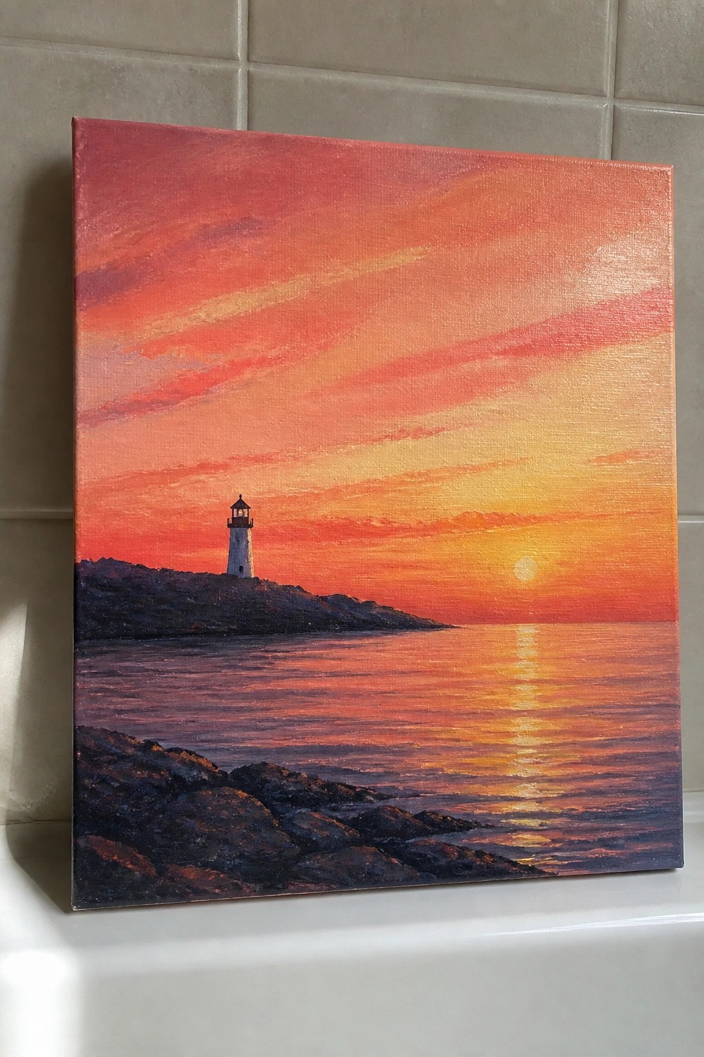 Vibrant painting of white lighthouse on rocky hill at orange-red sunset over ocean.