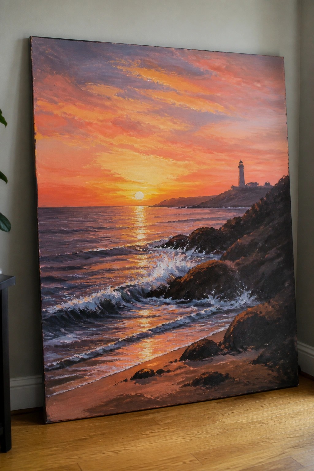 Vibrant sunset painting with lighthouse on cliff overlooking crashing waves on rocks.