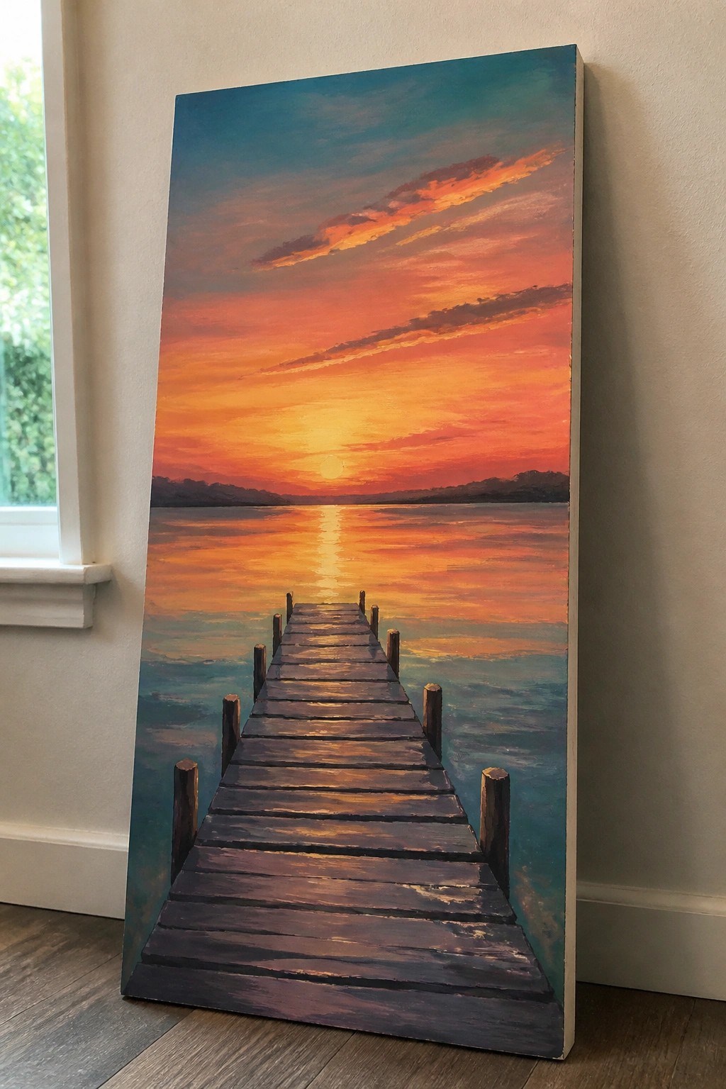 Vibrant sunset painting of wooden pier over orange water, leaning indoors against wall.
