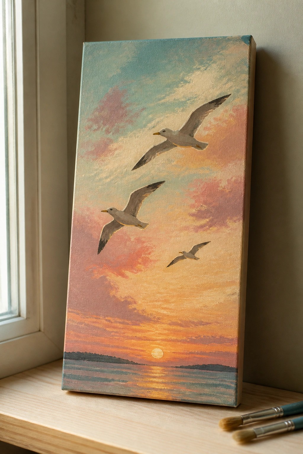 Painting of three seagulls flying over pink-orange ocean sunset on windowsill with brushes