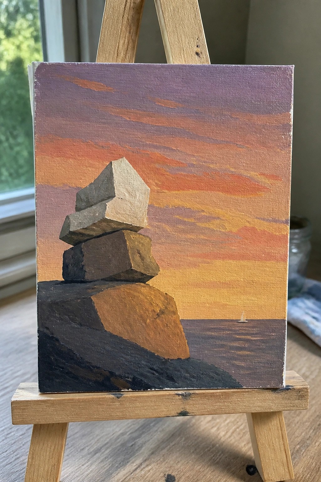 Painting on easel of stacked rocks by sea under vibrant orange-purple sunset with sailboat.