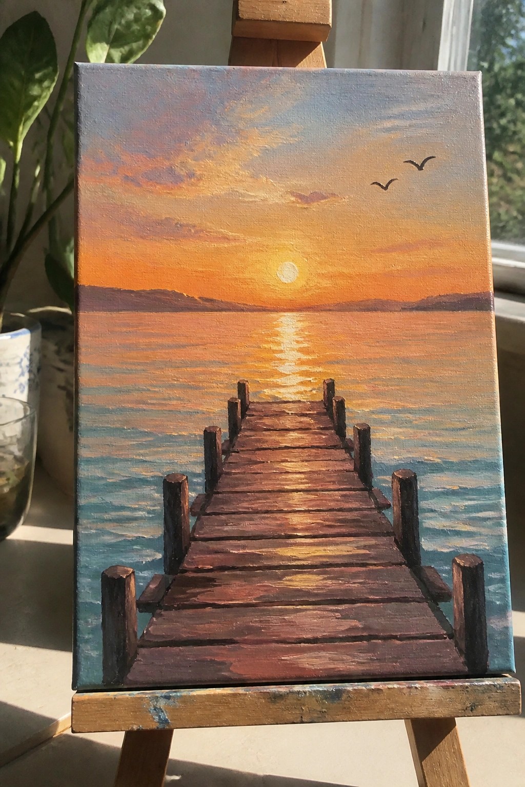 Wooden pier stretches into glowing sunset sea on canvas atop wooden easel.