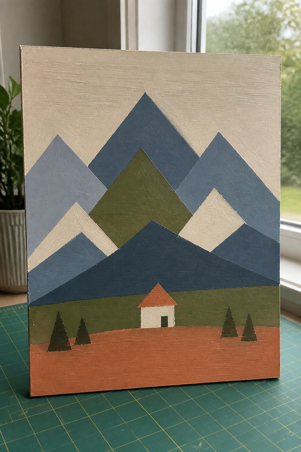 Geometric painting of layered blue mountains, green hills, house with orange roof, and trees.