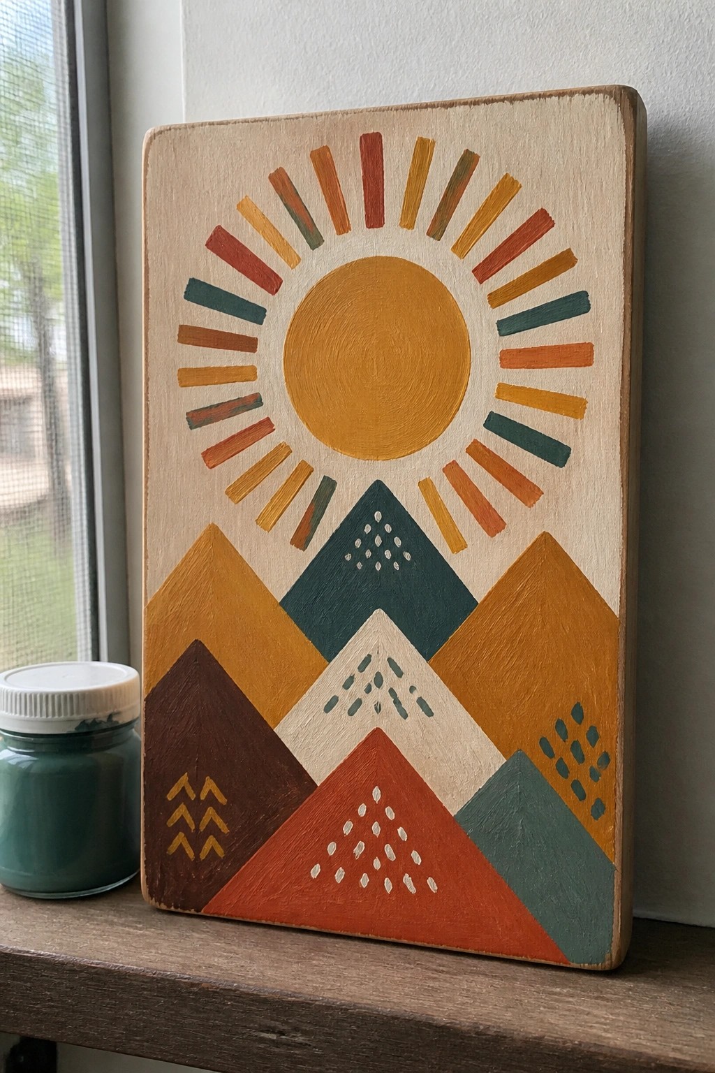 Hand-painted wooden plaque with sun, colorful rays, geometric mountains, and paint jar.
