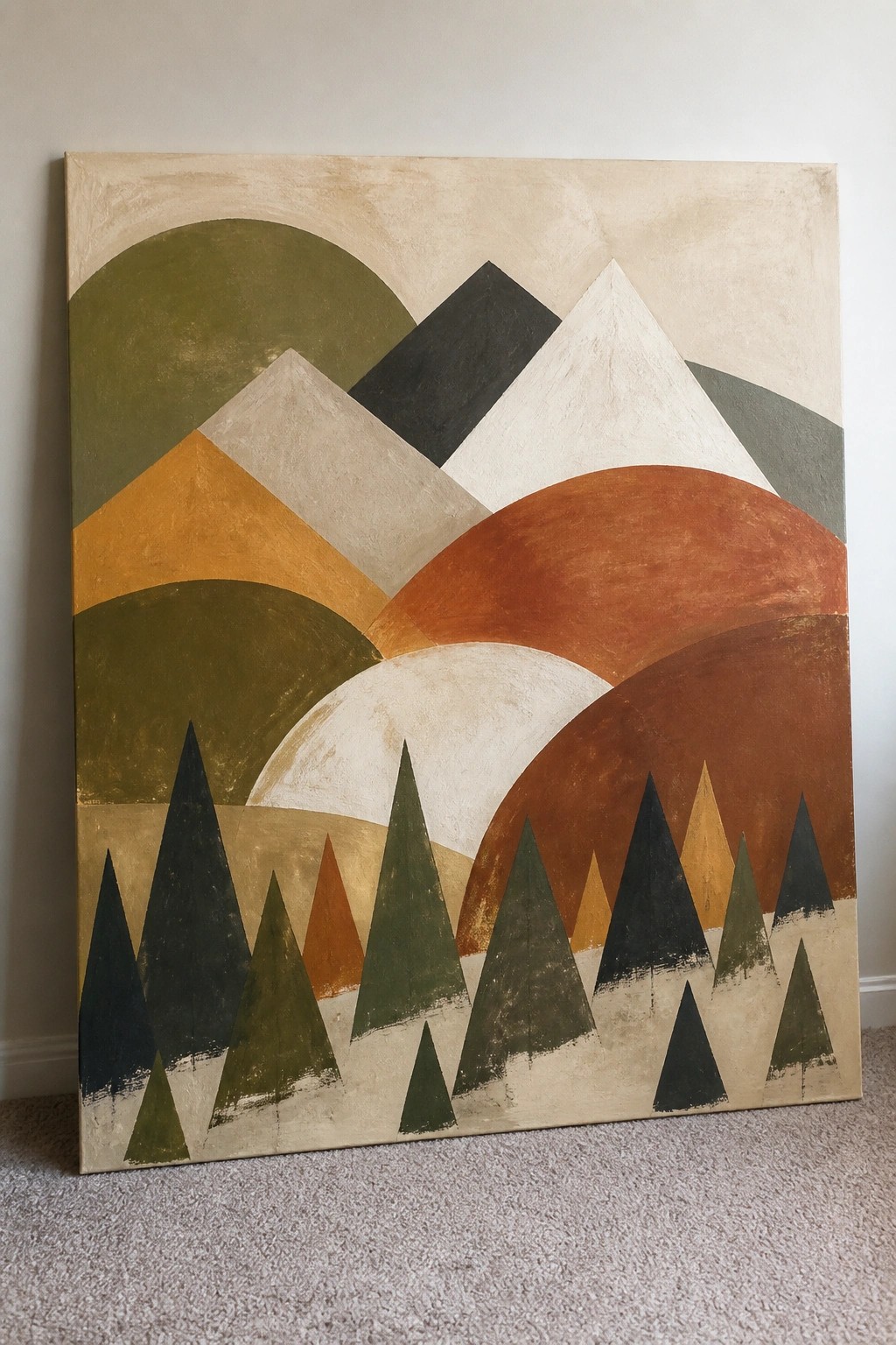 Abstract painting of layered mountains and pine trees in earthy tones on canvas