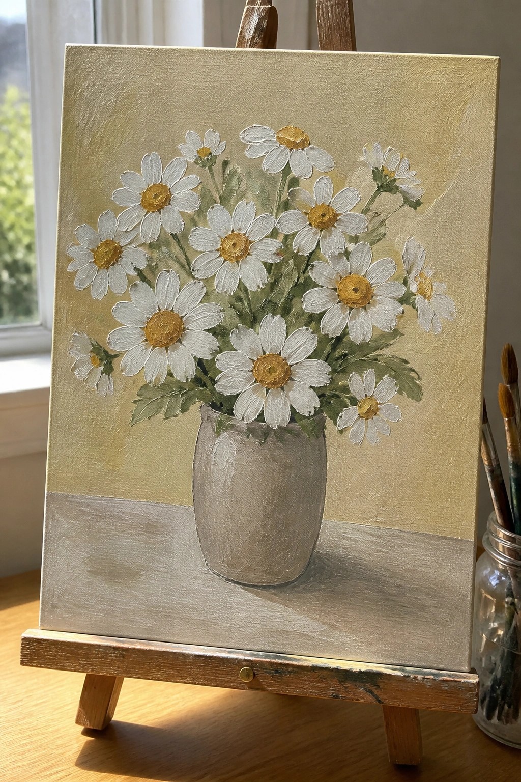 Impressionist painting of white daisies in gray vase on wooden easel.