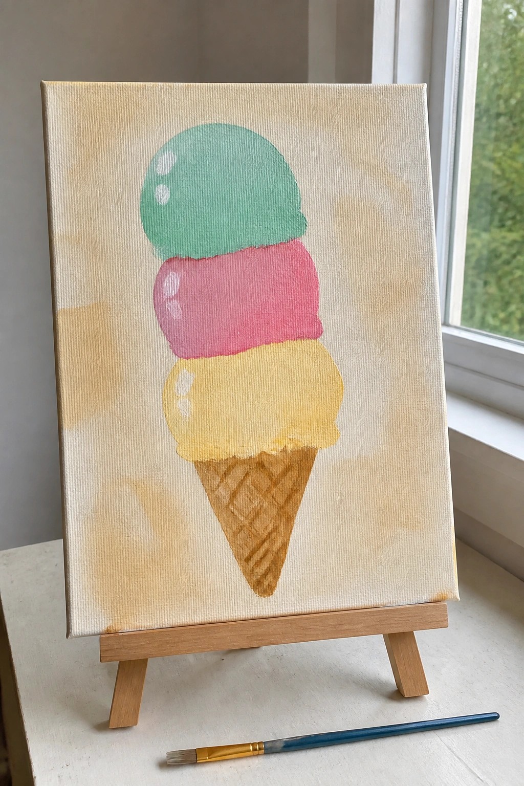 Painting of three-scoop ice cream cone with green pink yellow scoops on wooden easel