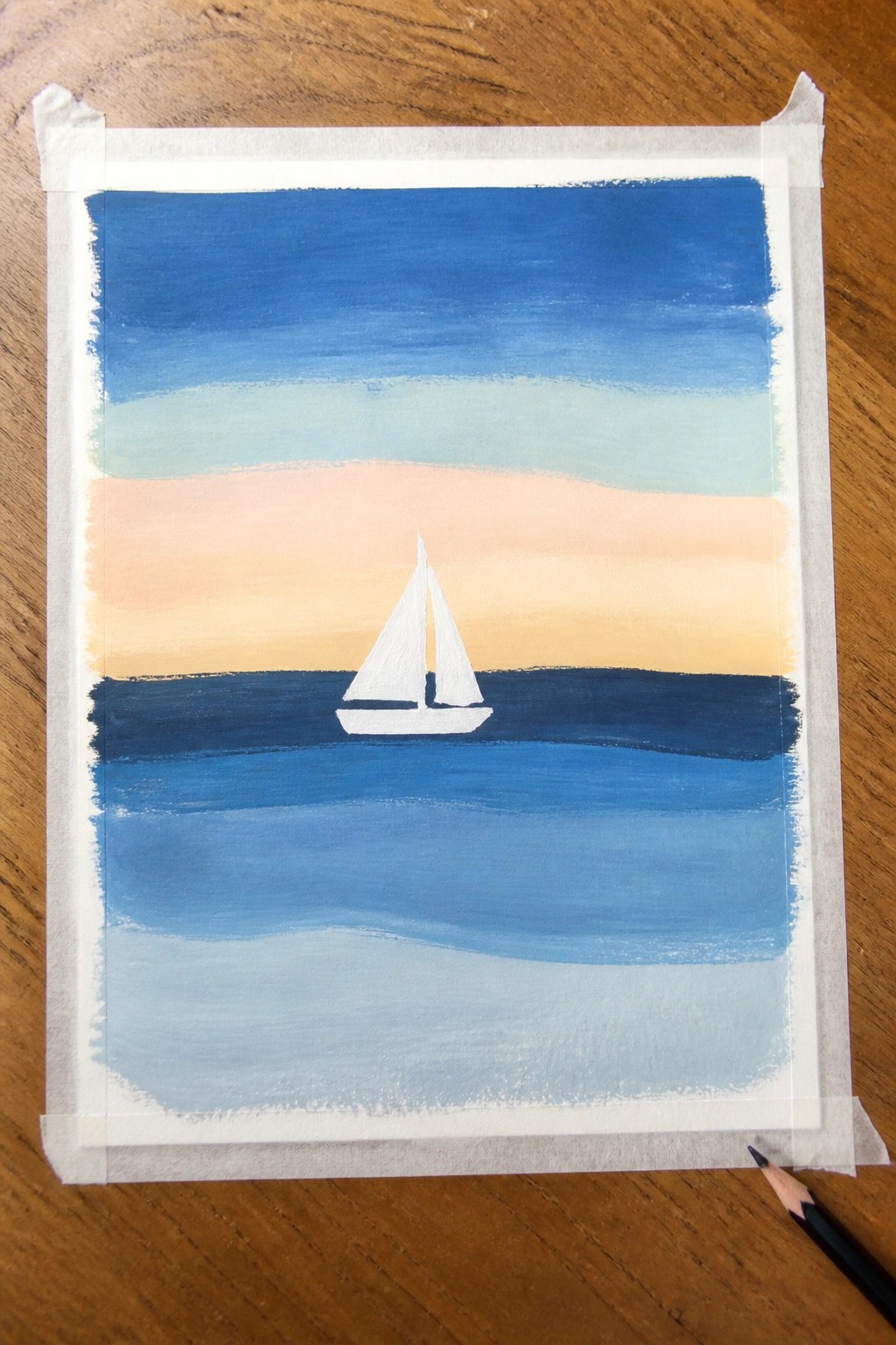 Acrylic painting of a white sailboat on dark blue water beneath a gradient sky shifting from blue to orange and yellow, with horizontal bands of blue water below.
