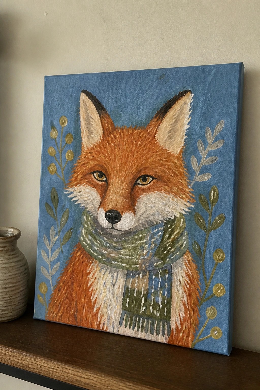 Orange fox wearing plaid scarf on blue canvas with gold foliage on wooden shelf.