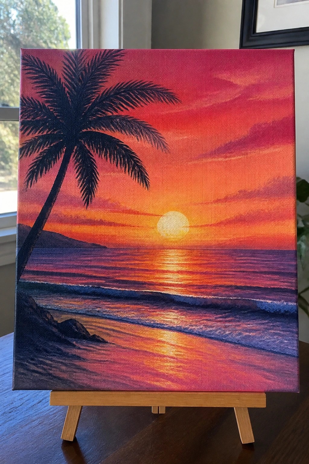 Vibrant sunset painting with silhouetted palm tree over ocean waves on wooden easel.