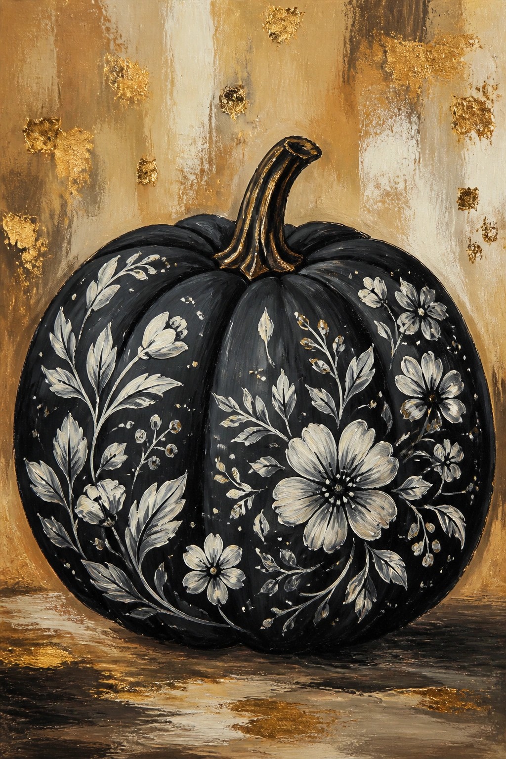 Black pumpkin with white floral vines, gold stem on textured gold background.
