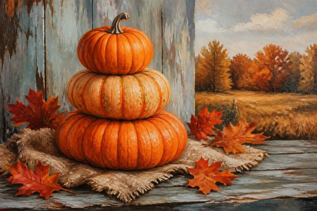 Stacked orange and white pumpkins with autumn leaves on rustic wood