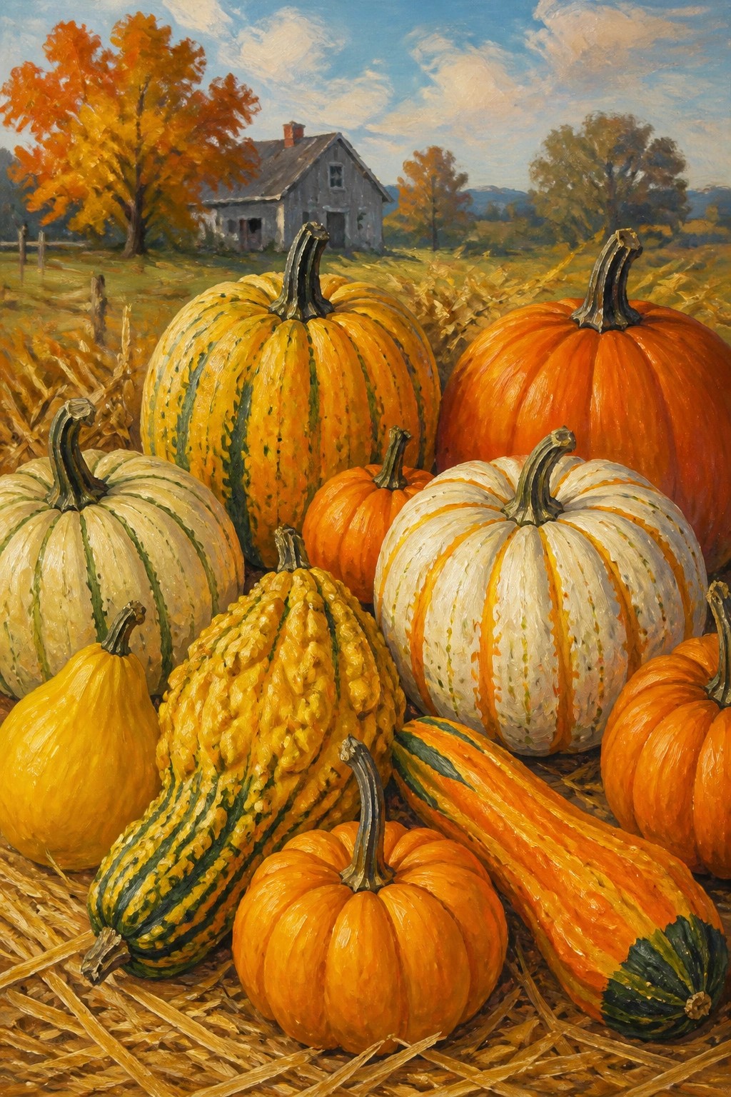 Assorted pumpkins and gourds on hay with autumn barn and colorful trees
