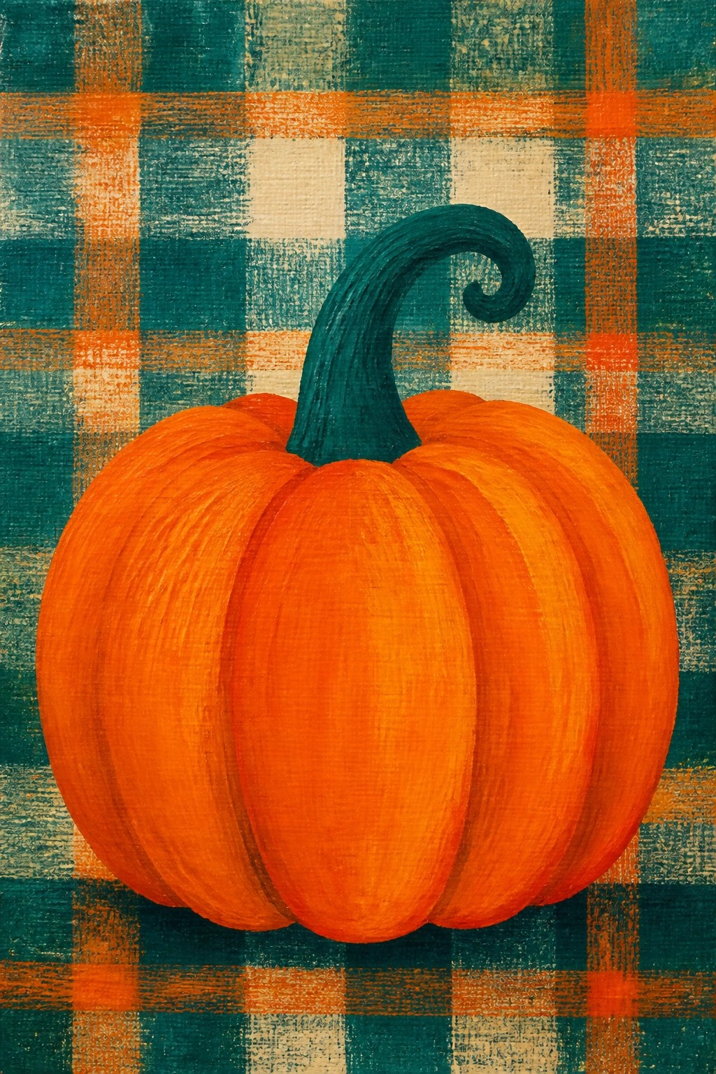 Orange pumpkin with curled green stem on teal-orange-white plaid background