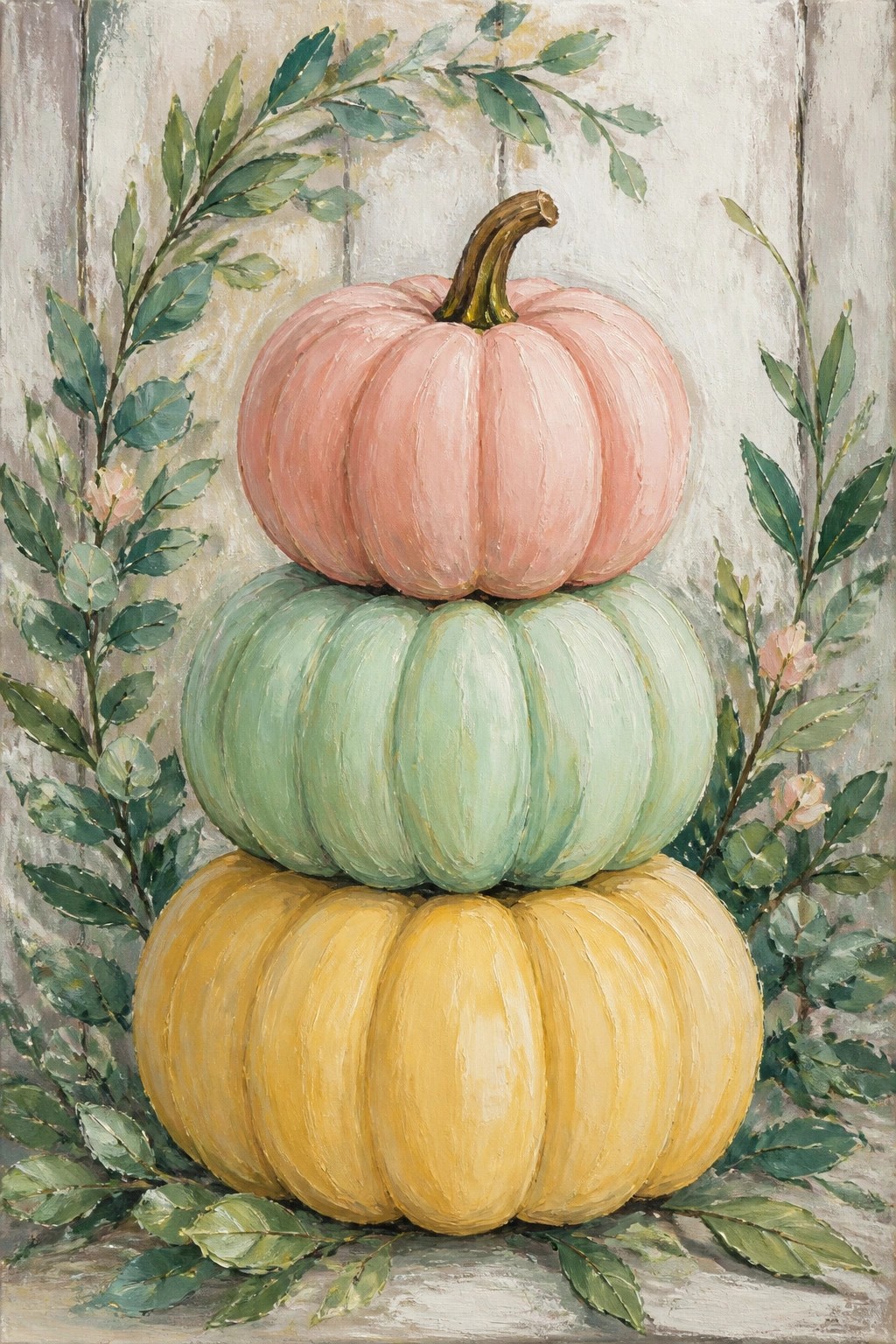 Stacked pink, green, and yellow pumpkins with green leaves on rustic wood.