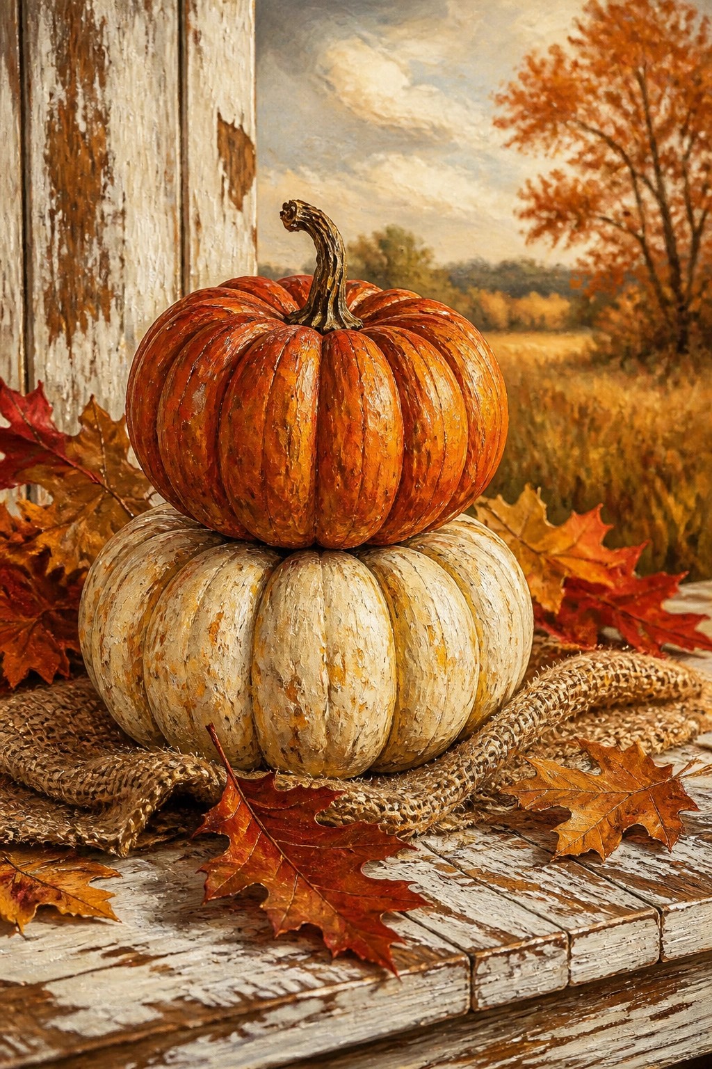 Stacked orange and white pumpkins with autumn leaves on rustic wood