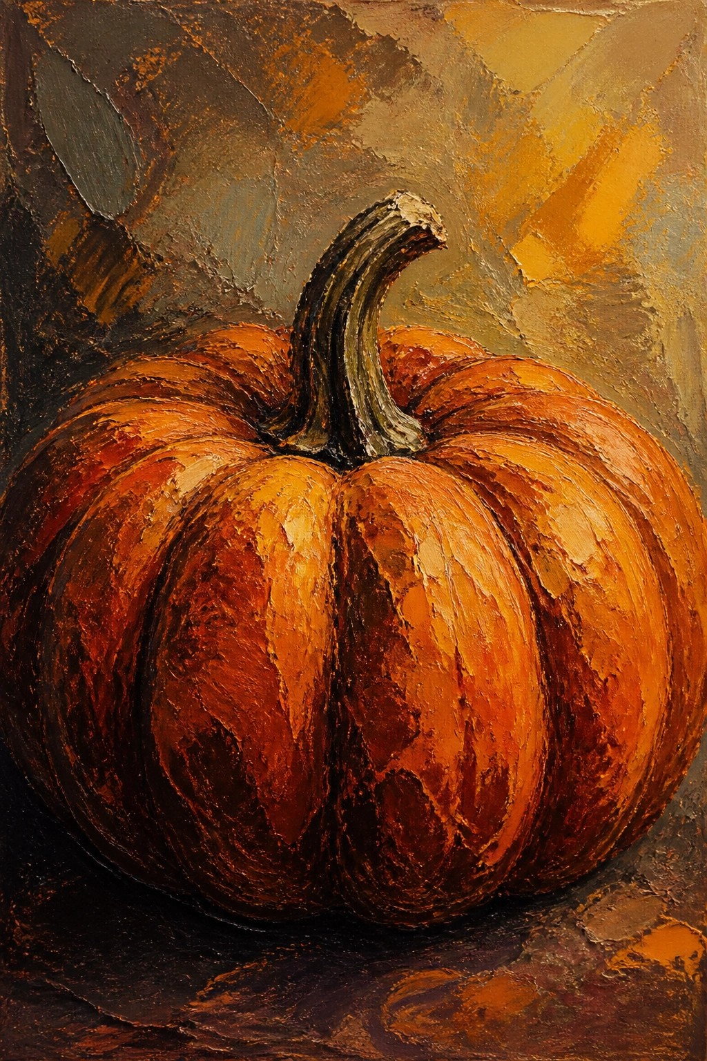 Thickly textured orange pumpkin with curved stem in earthy autumn tones.