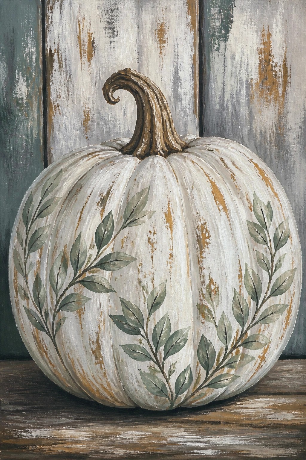 White pumpkin with green leaf vines and brown stem on rustic wood.
