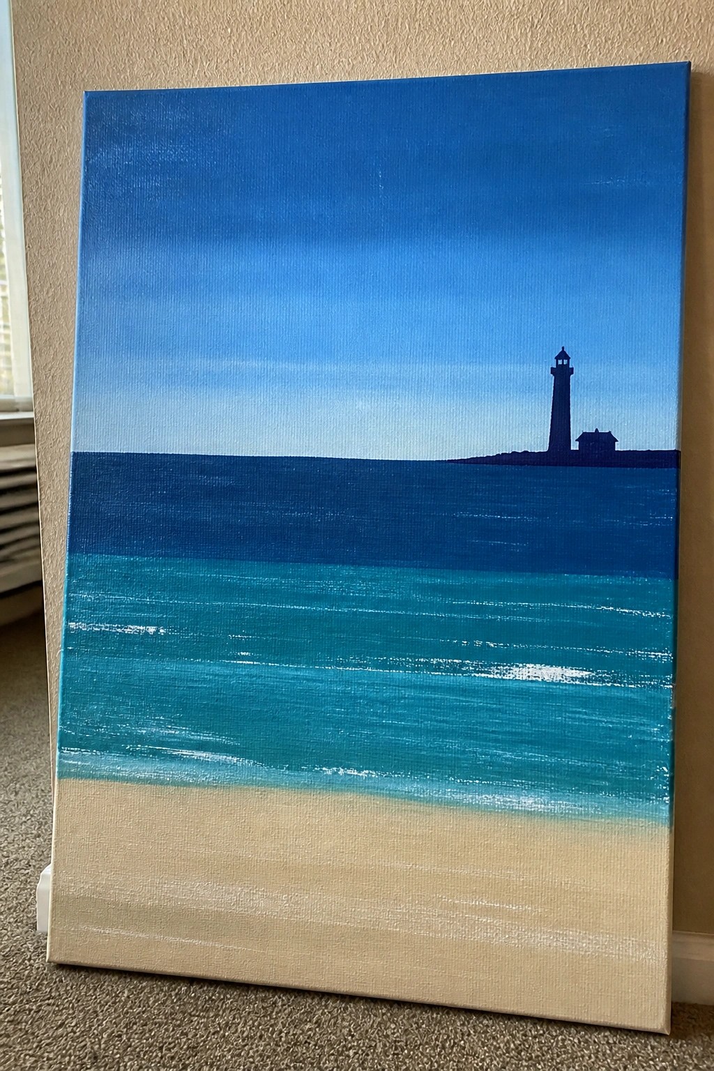 Seascape painting with gradient blue sky, turquoise waves, sandy beach, and silhouetted lighthouse