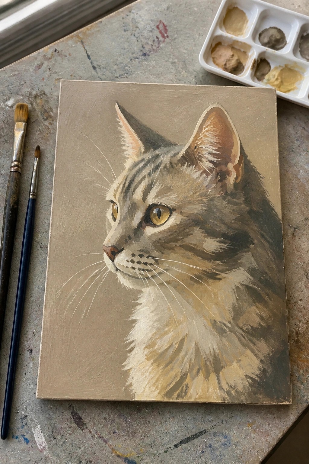 Realistic tabby cat portrait on canvas beside paintbrushes and palette on stained surface
