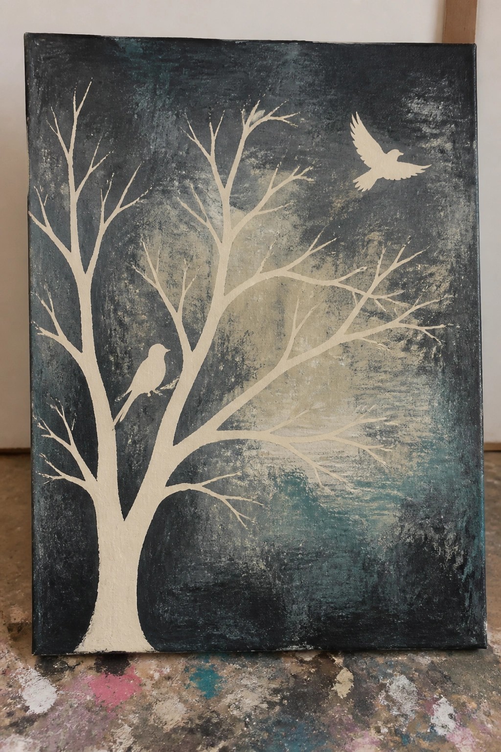 Abstract painting of white tree silhouette with perched and flying birds on dark teal background
