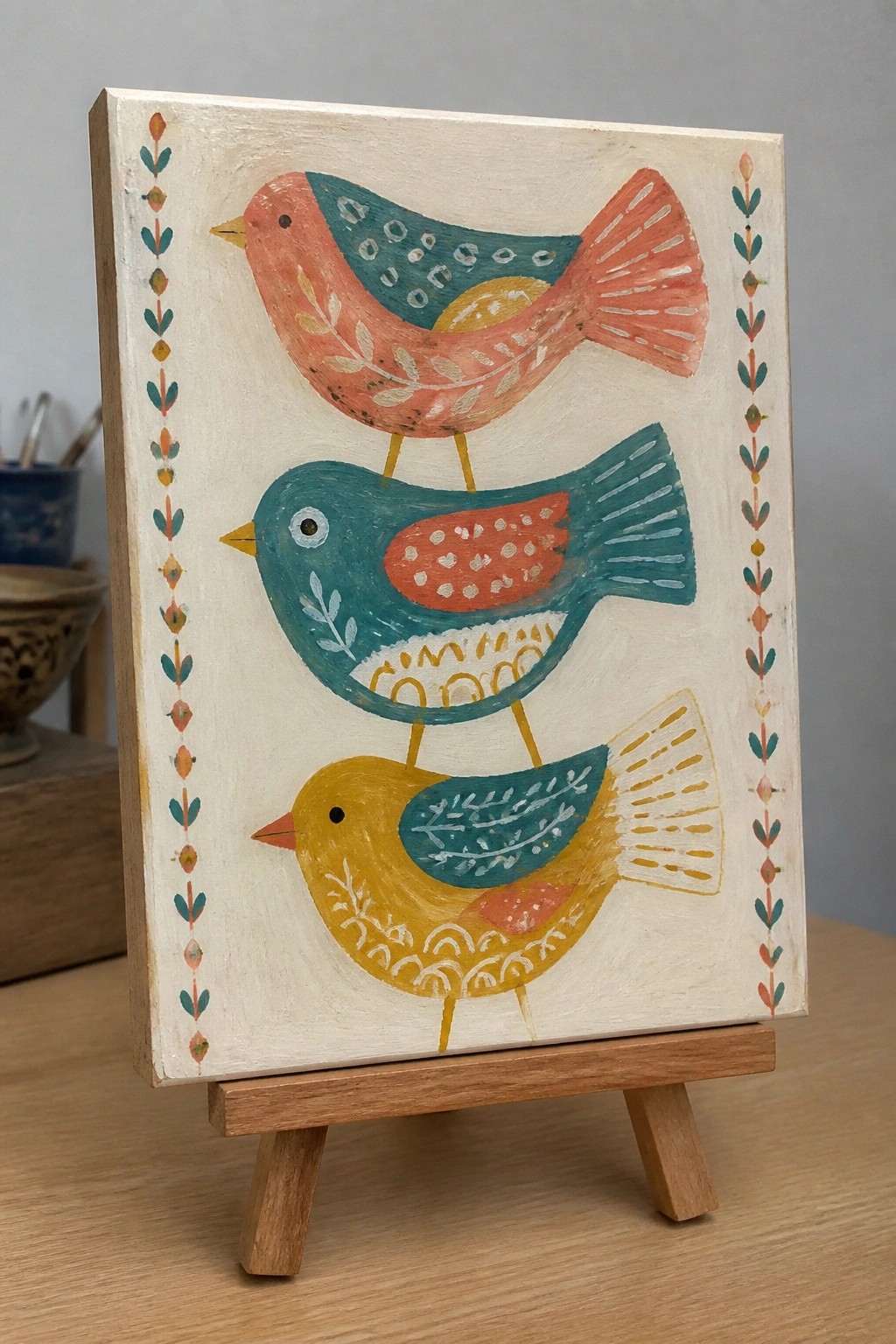Folk art canvas on easel with three stacked colorful birds in coral, teal, yellow