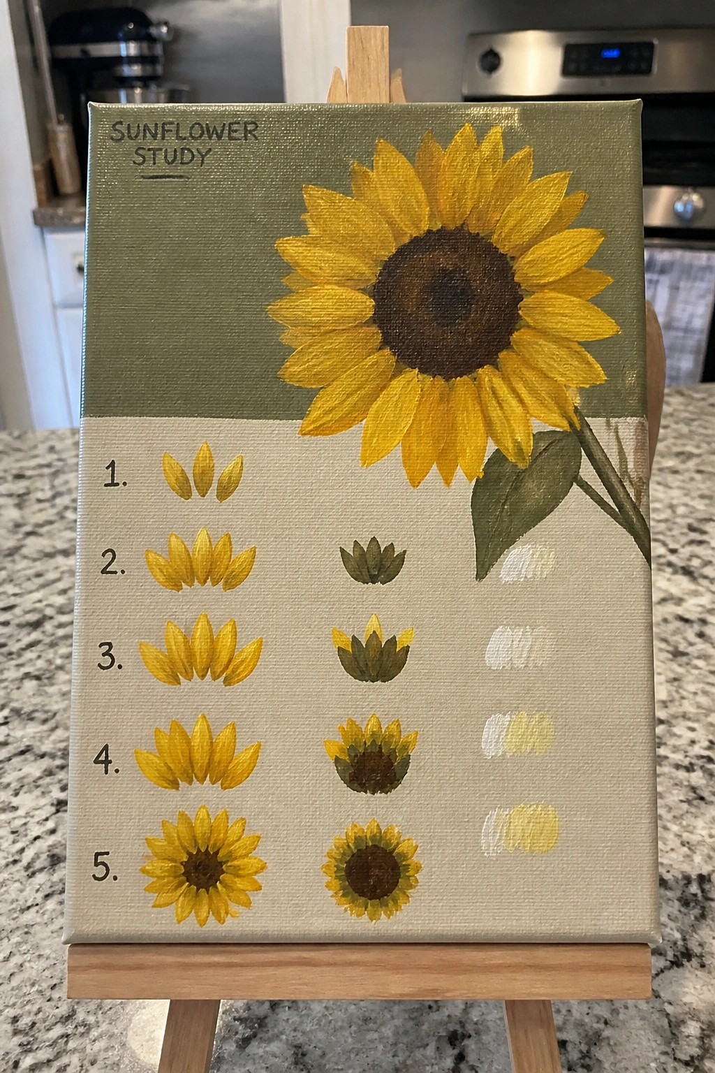 Sunflower study canvas with five-step painting process, yellow blooms, and color swatches.